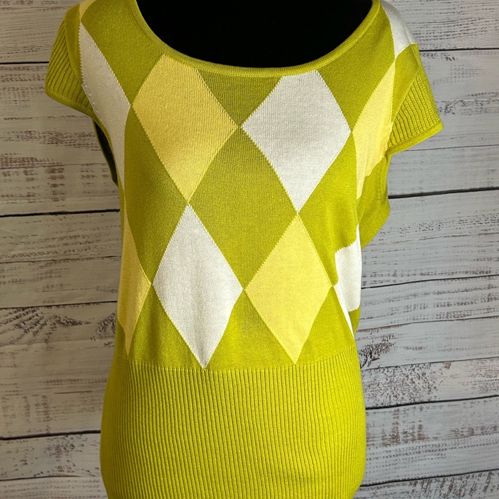 Green and White Argyle Knit Top